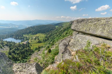 Baharda yüksek Vosges 'da granit kayalar. Forlet, faing çimenlik, alabalık gölü. Avrupa Birliği d 'Alsace, Grand Est, Fransa, Avrupa.