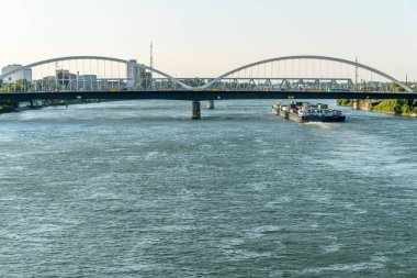 Strasbourg ve Kehl arasındaki Ren nehri iki bankanın bahçesinden görüldü. Bas-Rhin, Avrupa Birliği d 'Alsace, Grand Est.