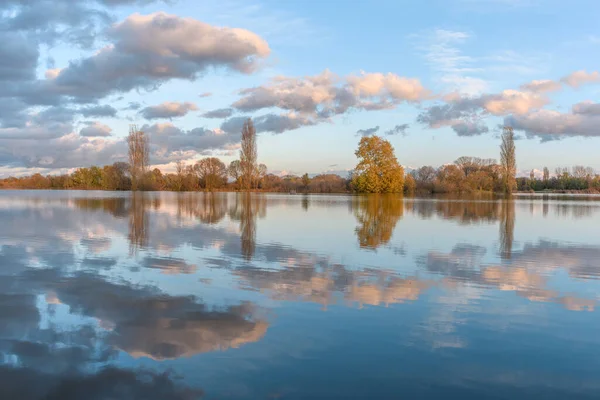 Şiddetli yağmurdan sonra çayırı su bastı. Sonbahar manzarası. Bas-Rhin, Collectivite europeenne d 'Alsace, Grand Est, Fransa, Avrupa.