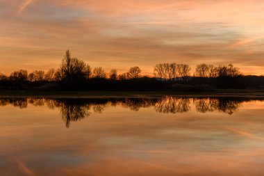Gün batımında suya yansıyan ağaçlar. Kış manzarası kırmızı ve turuncu gökyüzü. Bas-Rhin, Alsace, Grand Est, Fransa, Avrupa.