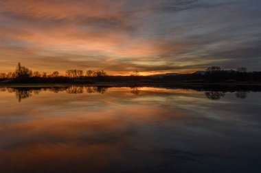 Gün batımında suya yansıyan ağaçlar. Kış manzarası kırmızı ve turuncu gökyüzü. Bas-Rhin, Alsace, Grand Est, Fransa, Avrupa.