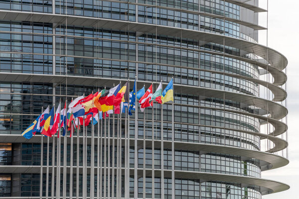 Flags of European countries in front of the European Parliament in Strasbourg. Bas rhin, Alsace, grand est, France, Europe