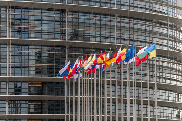 Flags of European countries in front of the European Parliament in Strasbourg. Bas rhin, Alsace, grand est, France, Europe