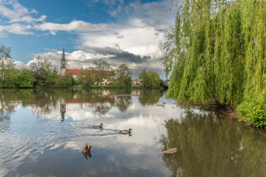 Huttenheim village reflected in a natural tree-lined river in spring. Bas Rhin, Alsace, France, Europe