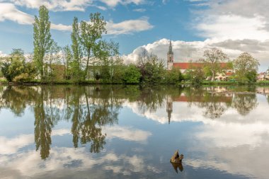 Huttenheim village reflected in a natural tree-lined river in spring. Bas Rhin, Alsace, France, Europe