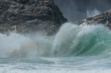 Atlantik Okyanusu 'nun büyük dalgaları bir uçurumun kayalarına çarpar. Camaret, Crozon, Finistere, Brittany, Fransa, Avrupa.