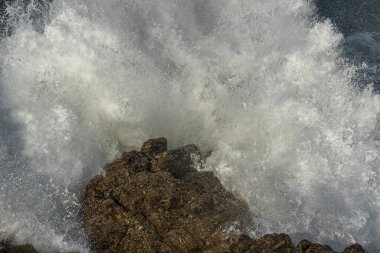 Atlantik Okyanusu 'nun büyük dalgaları bir uçurumun kayalarına çarpar. Camaret, Crozon, Finistere, Brittany, Fransa, Avrupa.