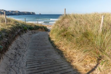 Iroise Denizi 'ndeki Pen Hat Plajı' na gidiyoruz. Camaret, Crozon, Finistere, Brittany, Fransa, Avrupa