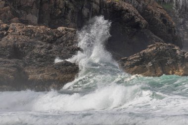 Atlantik Okyanusu 'nun büyük dalgaları bir uçurumun kayalarına çarpar. Camaret, Crozon, Finistere, Brittany, Fransa, Avrupa.