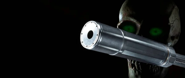 Green Eyed Skull Silencer Black Background — Stock Photo, Image