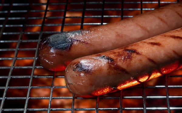 Two Hot Dogs Being Cooked Outdoors Grill — Stock Photo, Image