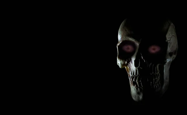 Human Skull Glowing Purple Eyes Room Copy Black — Stock Photo, Image