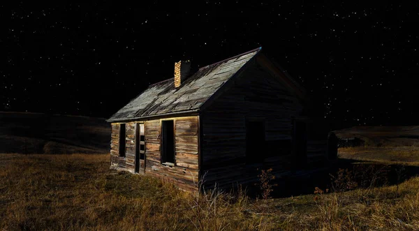 Velhos Colonos Casa Com Estrelas Que Estão Brilhando Acima — Fotografia de Stock