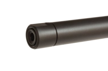 Tüfek namlusu ve beyaz üzerinde bir iplik koruyucu.