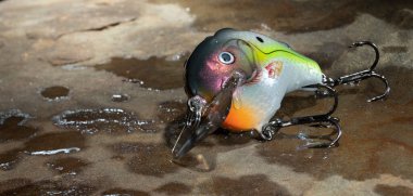 Kahverengi bir taş yüzeyde bulunan yapay balık yemi.