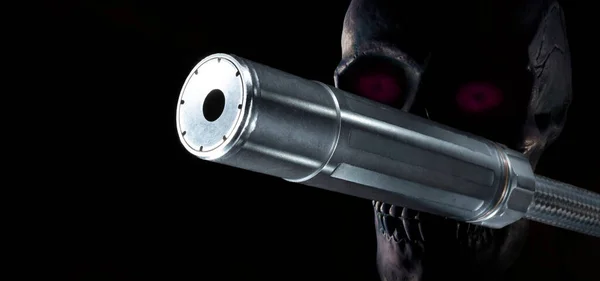 Purple skull behind a silencer on a black background