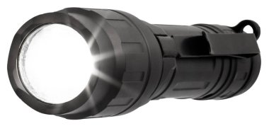 Tactical flashlight with its light on isolated on a white background