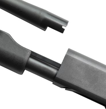 Receiver on a shotgun with barrel removed on a white background