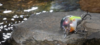 Text space to the left of a lure on a rock surrounded by water