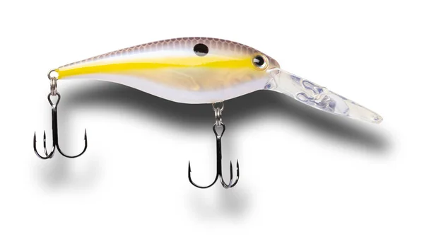 Drop Shadow Fishing Lure Brown Yellow White Color Two Treble — Stok fotoğraf