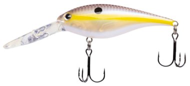 Deep running artificial fishing lure that is brown, yellow and white with treble hooks