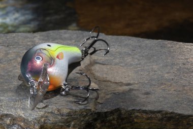 Arkasında sakin su olan bir kayanın üzerinde parlak yapay balık yemi