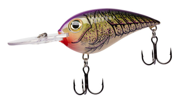 Crankbait for largemouth bass fishing that is purple on top with yellow belly