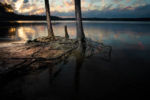 Pôr Sol Sobre Lago Jordan Carolina Norte Com Sala Texto — Fotografia de Stock