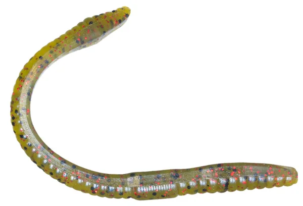 Yellow rubber artificial fishing worm with black and red flakes inside its body