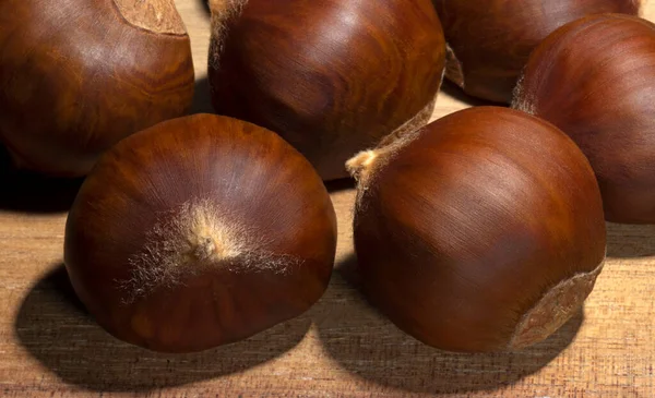 Close Chestnuts Harvested Time Christmas Wood Table — Stock Photo, Image