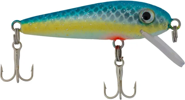 Blue Yellow Artificial Fishing Lure Two Treble Hooks Isolated — Stock Photo, Image