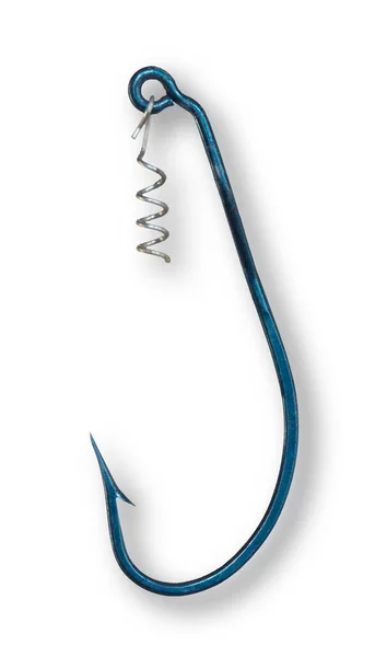 鱼钩下的阴影 鱼钩是蓝色的 有一个梭子和一个金属丝弹簧连接一个橡胶蠕虫 — 图库照片