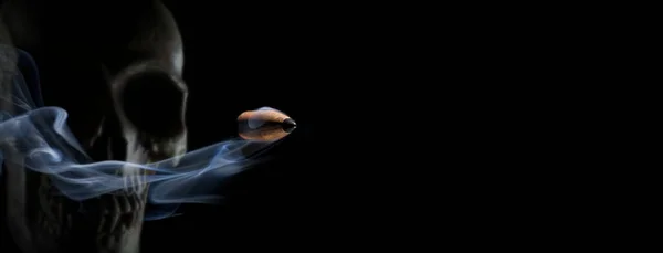 Copiar Espaço Lado Crânio Bala Com Fumaça Atrás — Fotografia de Stock