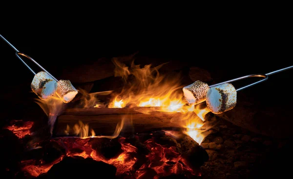 在用棉花糖烘烤的夜间篝火上方的文字空间 — 图库照片