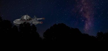 Büyük silahları olan UFO 'lar Samanyolu ve yıldızlarla dolu bir ormanın üzerindeler..