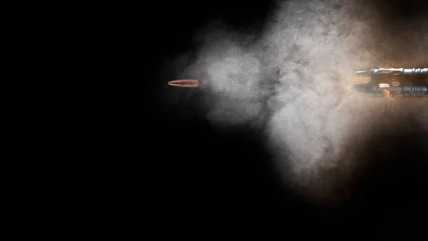 stock image Room for text below a bullet flying out of a gun barrel with smoke and sparks