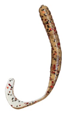 Artificial fishing worm that has red and black spots in its translicent body