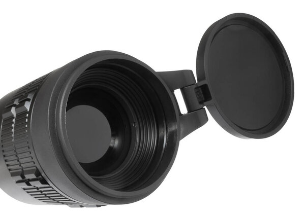 Cap open to show the sensor on a heat detecting riflescope used to see targets in the night