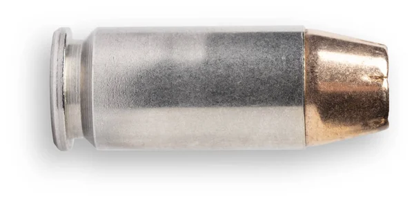 stock image hollow point bullet on 40 caliber handgun ammunition with a silver case