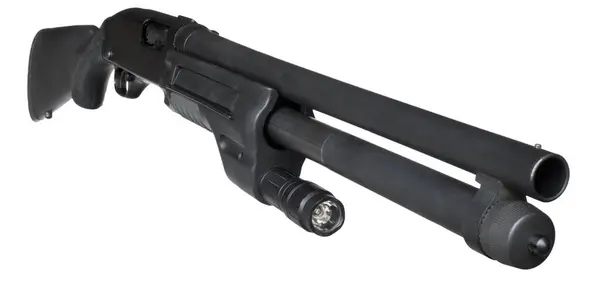 Twelve Gauge Black Pump Action Shotgun Home Defense Polmer Stock — Stock Photo, Image