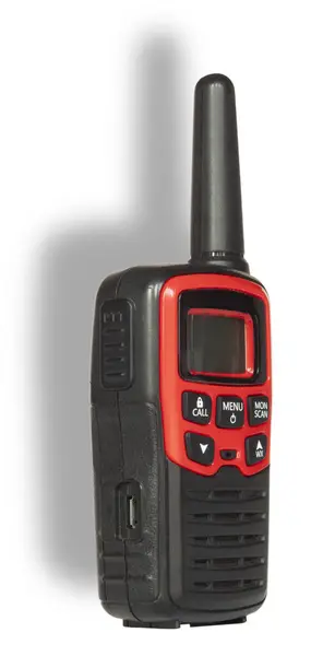 Stock image Drop shadow behind a walkie-talkie with antenna that works on both FRS and GMRS frequencies that is red and black with an LCD display.