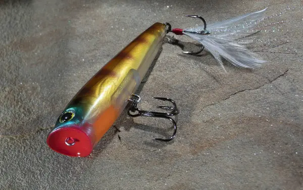 Fishing lure often used with bass are stiking bait on the water\'s surface