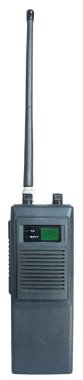LED channel indicator in fron and squelch and volume controls atop a long CB walkie talkie isolated in a studio shot. clipart