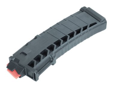 Bir AR-15 için polimer yüksek kapasiteli şarjör, bir stüdyo çekiminde izole edilmiş 22 'lik ateşleme cephanesine dönüştürüldükten sonra..