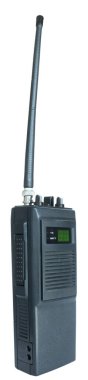 Walkie-talkie for use on CB airwaves seen from the push to talk button side isolated in a studio shot. clipart