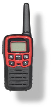 Beyaz arkaplanda FRS ve GMRS frekanslarında kullanılmak üzere kırmızı ve beyaz LCD ekran ve anten ile gölgeli telsiz.