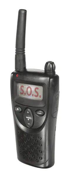 stock image Emergency signal of SOS showing on the LCD display on an isolated handheld transceiver.