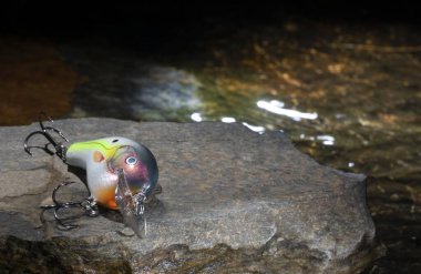 Gölün yanında yapay balık yemi var.