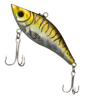 Yapay balık yemi, altın ve sarı renkli ve yükselen iki kancalı.. 