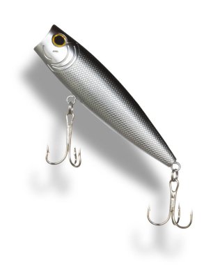 Yapay balık yemi yan taraftan görülebiliyor. Arkasında da yüzey boyunca çekilmek üzere tasarlanmış bir damla gölgesi var..